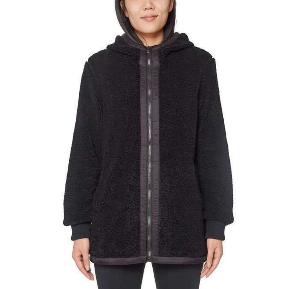1 Madison Expedition‎ Sherpa Fleece Jacket Women Sz S Black Hooded Faux Fur Coat